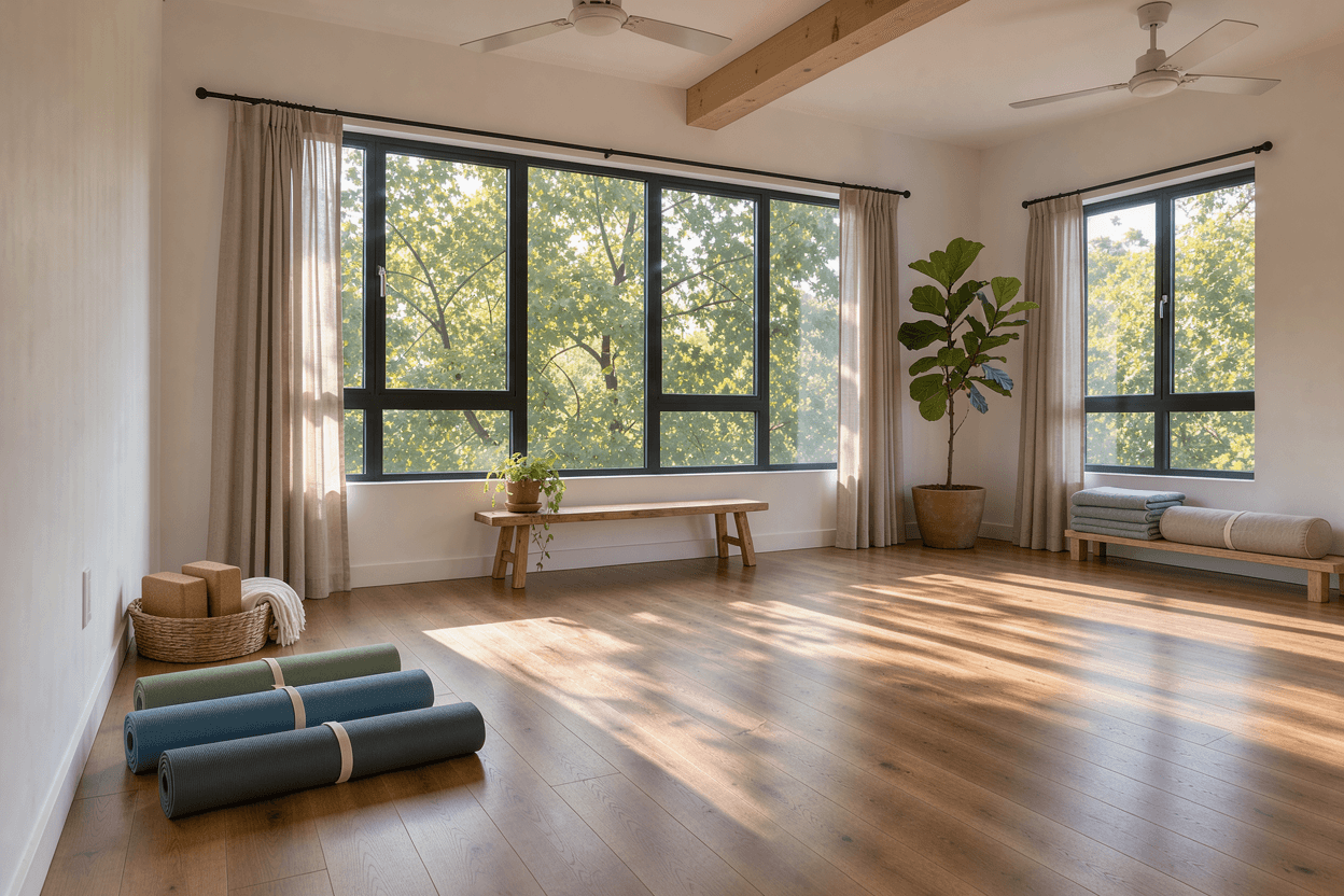 A calm, empty yoga studio with wooden floors, rolled mats and large windows onto trees in morning light