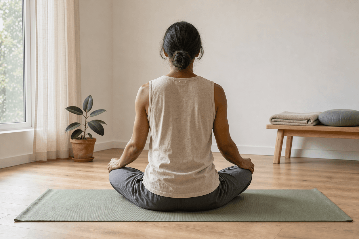 A person in a seated meditation pose on a mat, seen from behind, in soft light