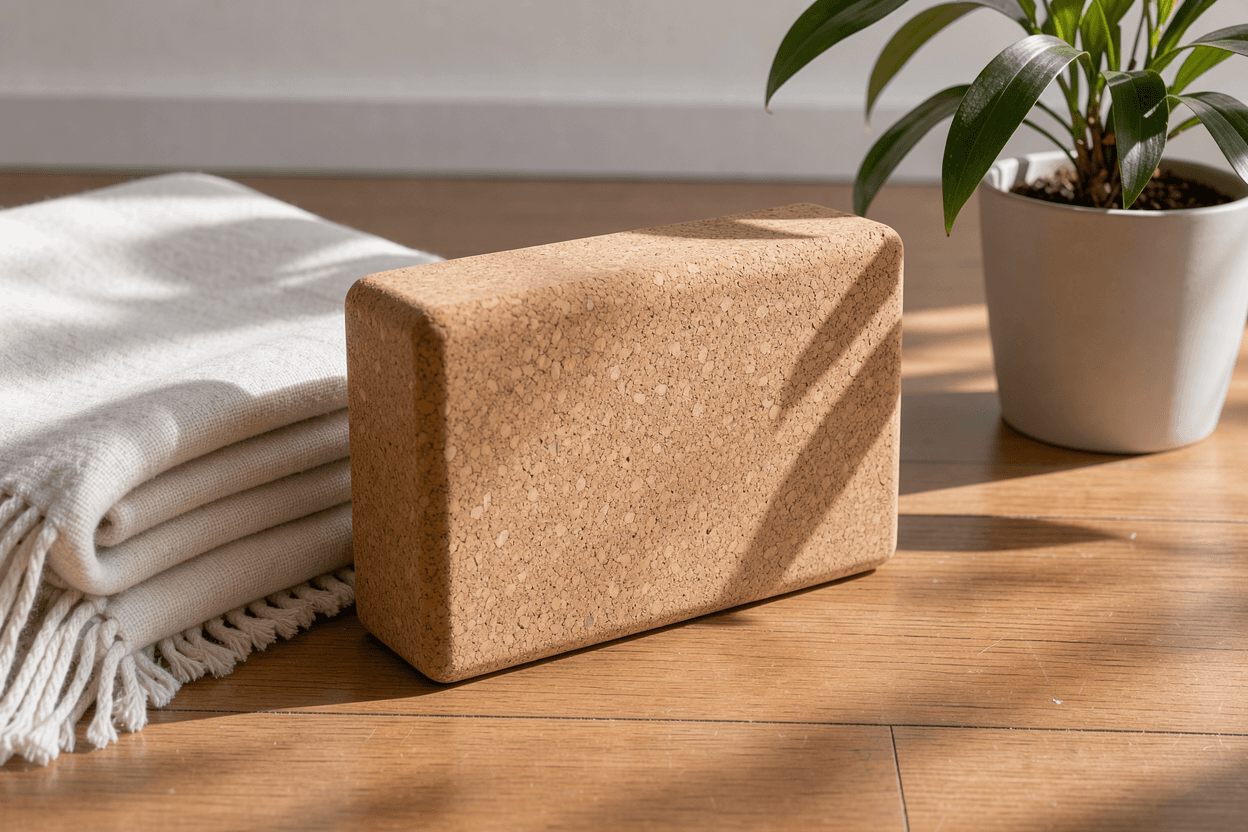 A cork yoga block, a folded blanket and a plant on a wooden floor